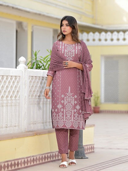 Onion Pink Ethnic Motif Printed Viscose Kurta, Pant And Dupatta Set With Gotta Patti Work