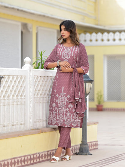 Onion Pink Ethnic Motif Printed Viscose Kurta, Pant And Dupatta Set With Gotta Patti Work