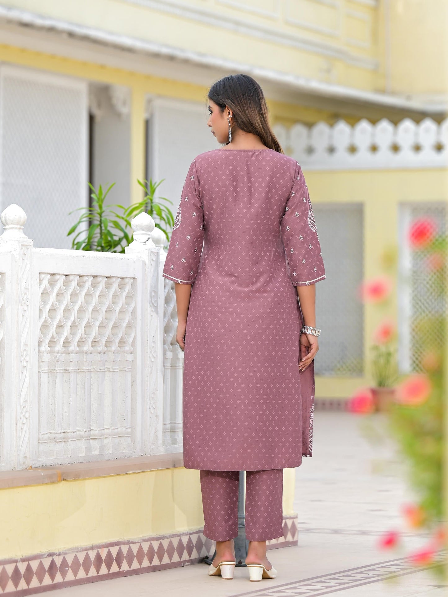 Onion Pink Ethnic Motif Printed Viscose Kurta, Pant And Dupatta Set With Gotta Patti Work