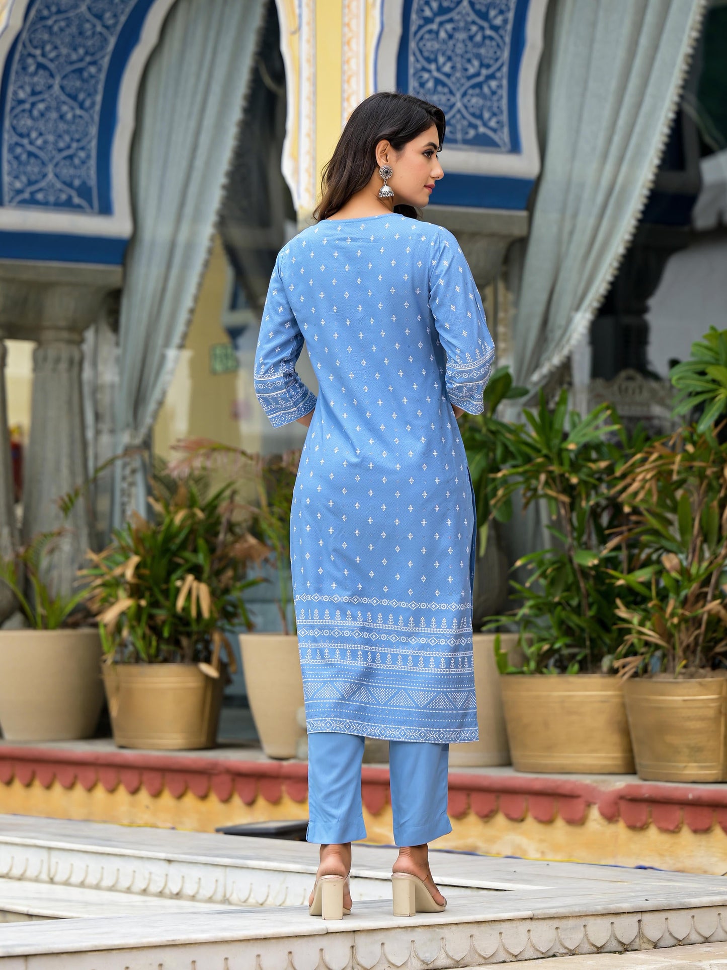 Blue Ethnic Motif Printed Liva Rayon Kurta Pant And Dupatta Set With Beads Sequins & Lace