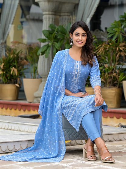 Blue Ethnic Motif Printed Liva Rayon Kurta Pant And Dupatta Set With Beads Sequins & Lace
