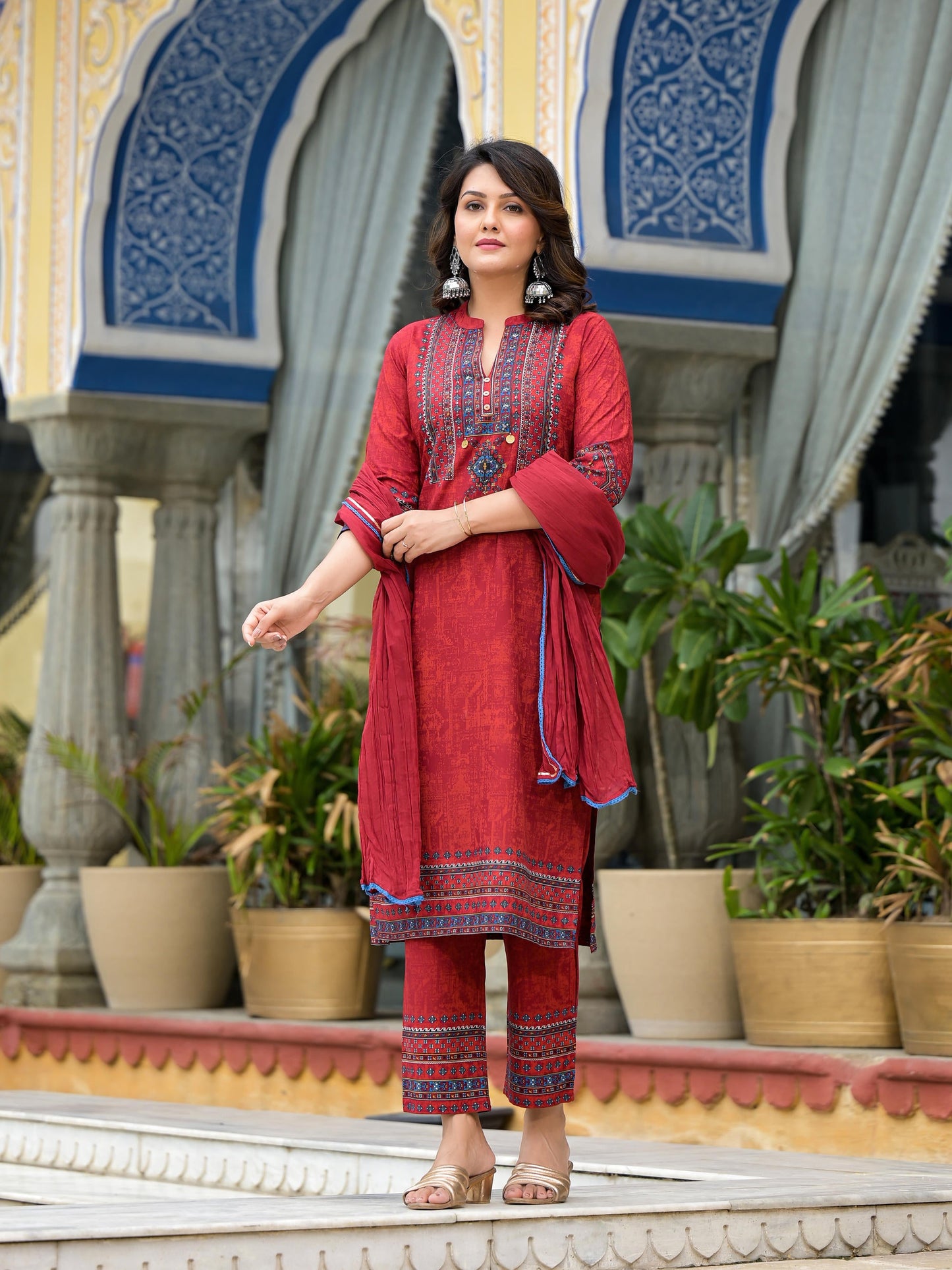 Red Ethnic Motif Printed Liva Rayon Kurta Pant And Dupatta Set With Coins & Sequins