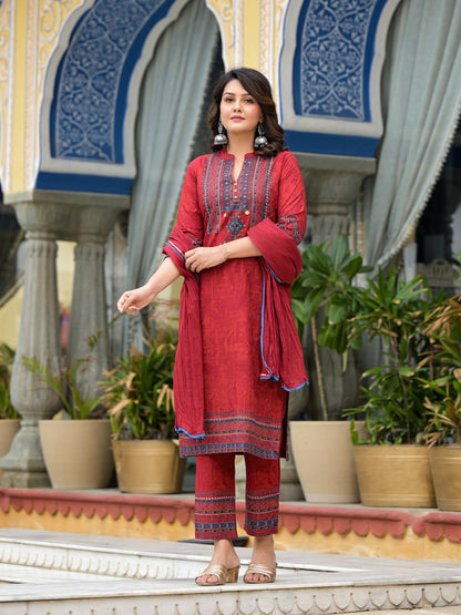 Red Ethnic Motif Printed Liva Rayon Kurta Pant And Dupatta Set With Coins & Sequins