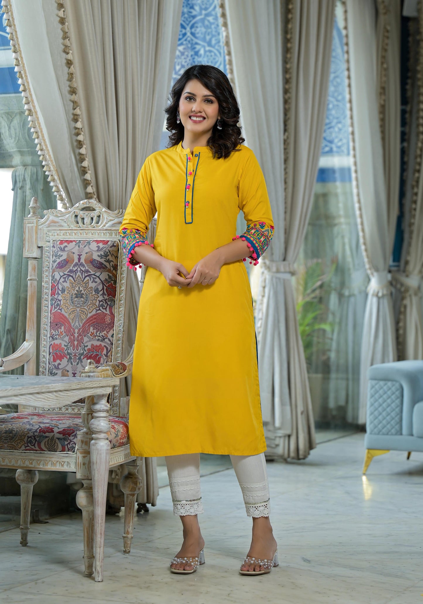 Mustard Thread Embroidered Liva Rayon Kurta With Sequins Beads & Mirror Work