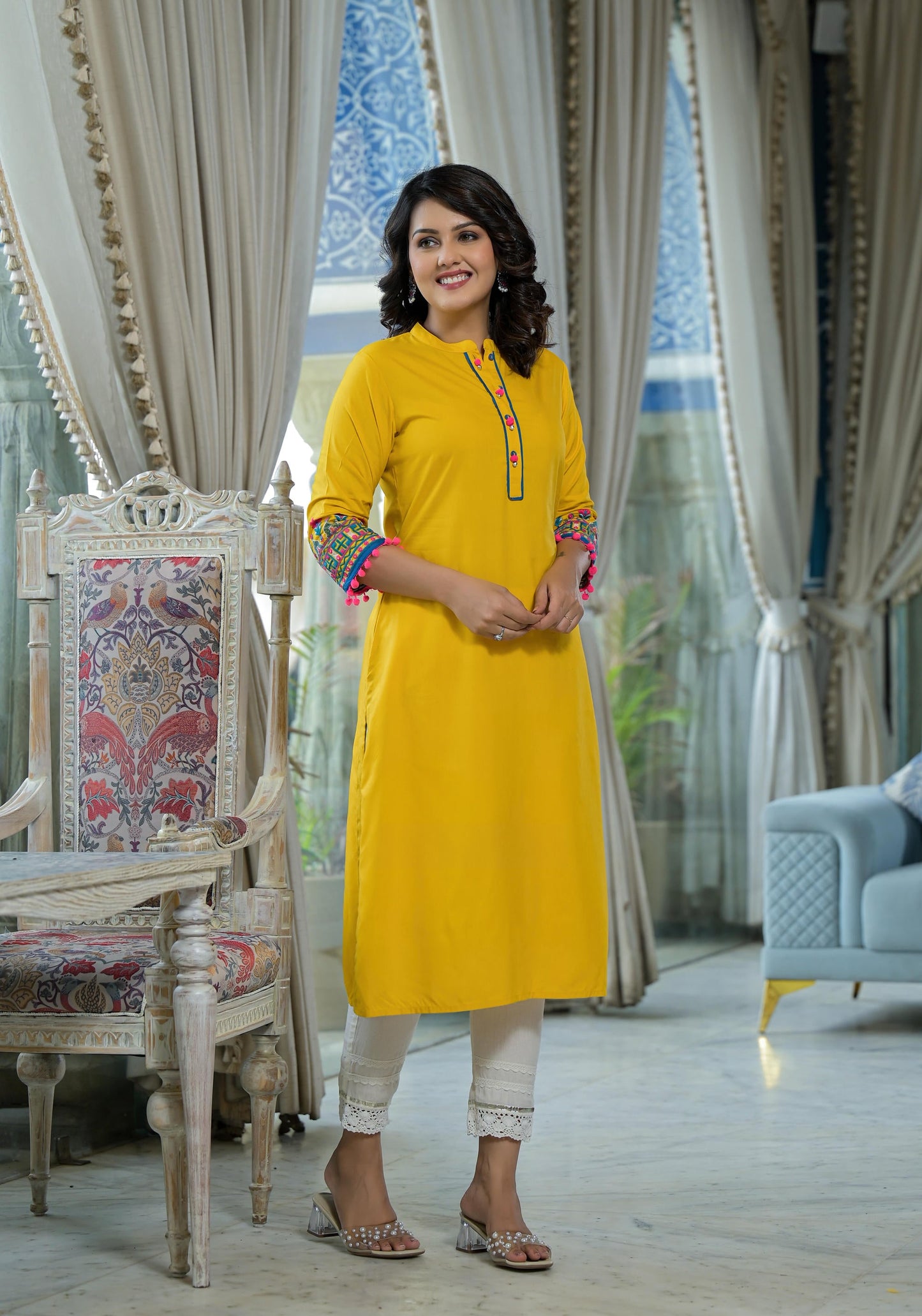 Mustard Thread Embroidered Liva Rayon Kurta With Sequins Beads & Mirror Work