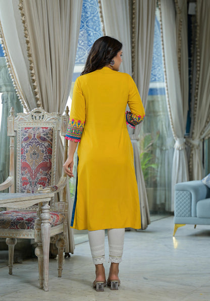 Mustard Thread Embroidered Liva Rayon Kurta With Sequins Beads & Mirror Work