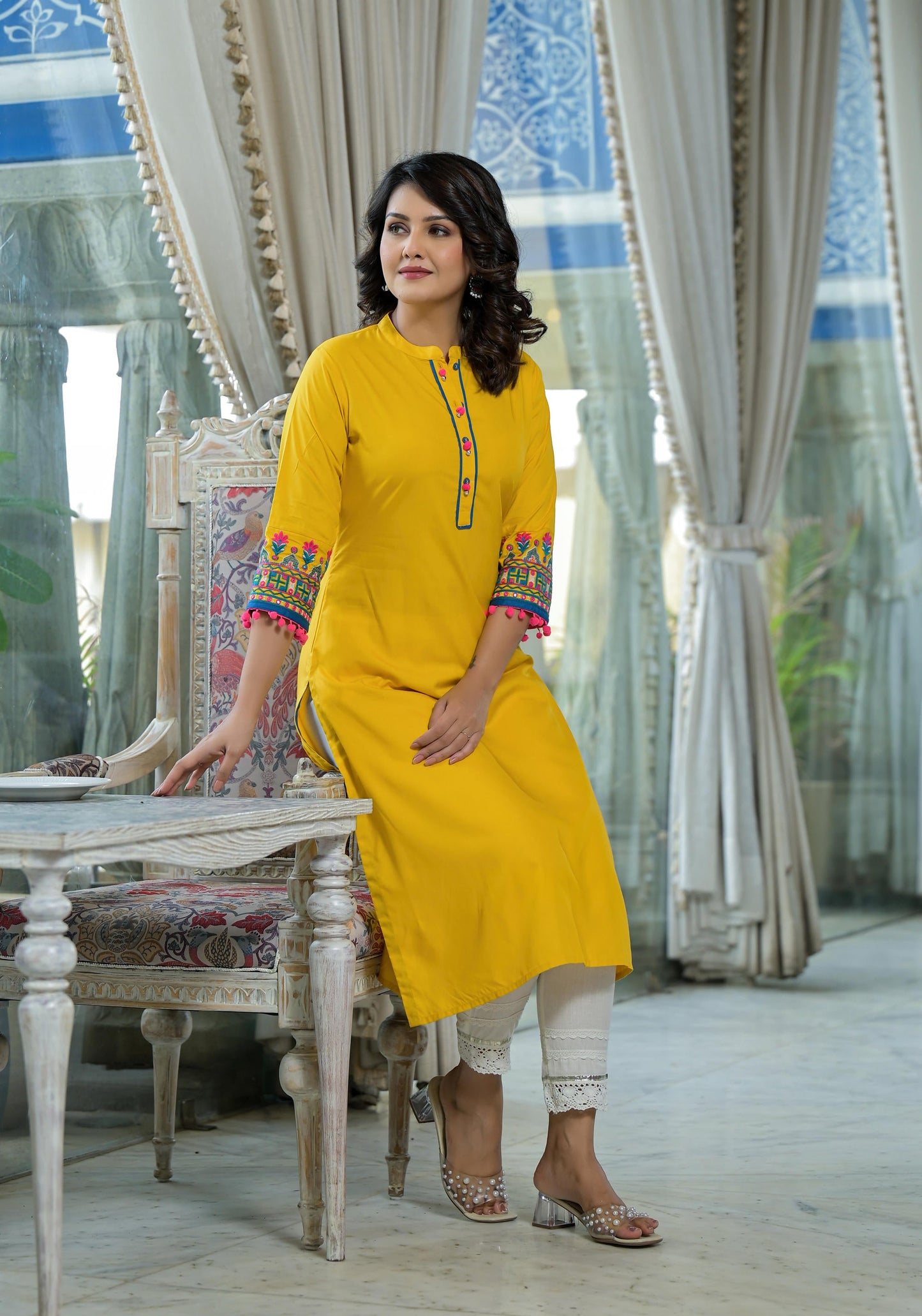 Mustard Thread Embroidered Liva Rayon Kurta With Sequins Beads & Mirror Work