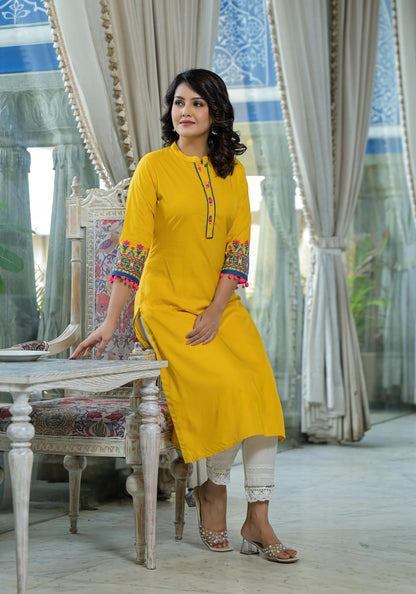 Mustard Thread Embroidered Liva Rayon Kurta With Sequins Beads & Mirror Work