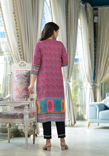 Pink Floral Printed Liva Rayon Kurta With Beads & Sequins Work