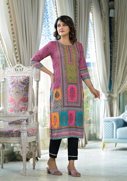 Pink Floral Printed Liva Rayon Kurta With Beads & Sequins Work