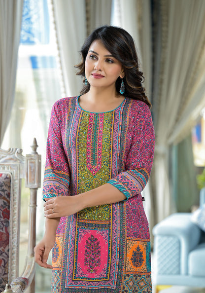 Pink Floral Printed Liva Rayon Kurta With Beads & Sequins Work