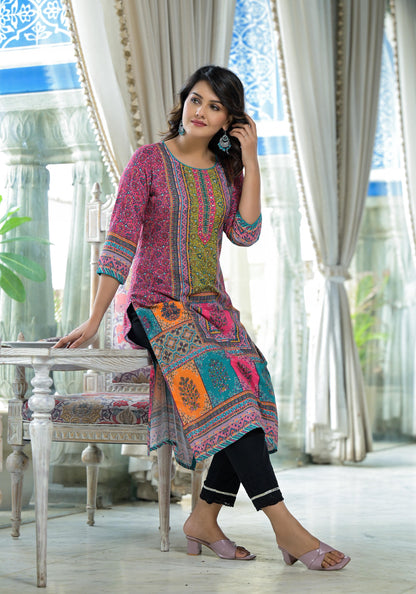 Pink Floral Printed Liva Rayon Kurta With Beads & Sequins Work