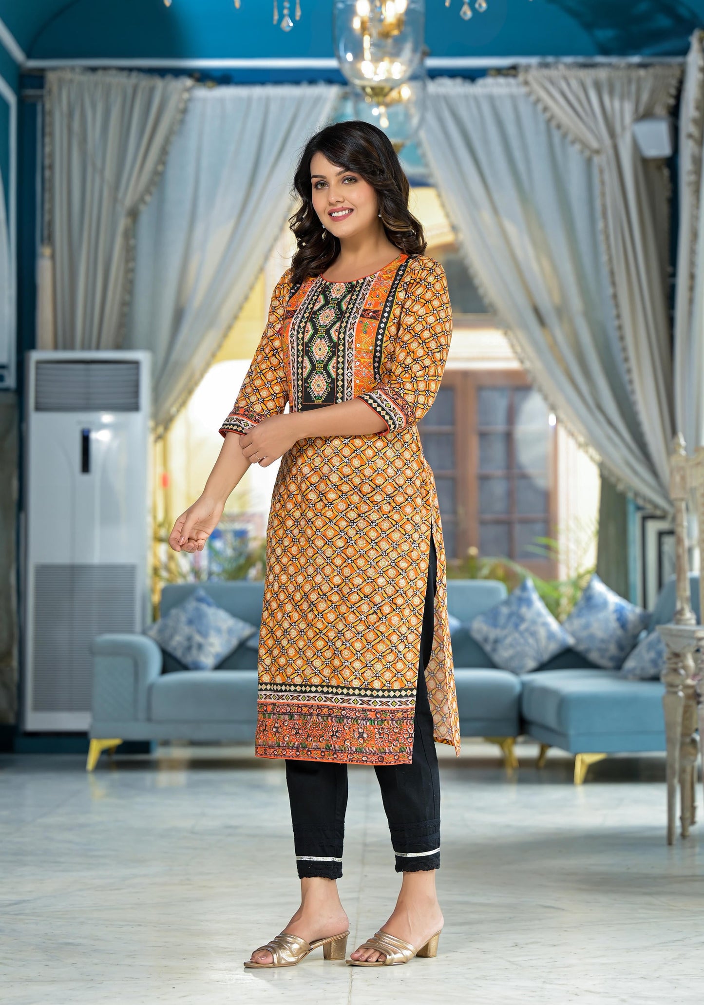 Mustard Ethnic Motif Printed Liva Rayon Kurta With Sequins & Gota Patti Work