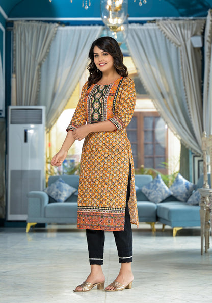 Mustard Ethnic Motif Printed Liva Rayon Kurta With Sequins & Gota Patti Work