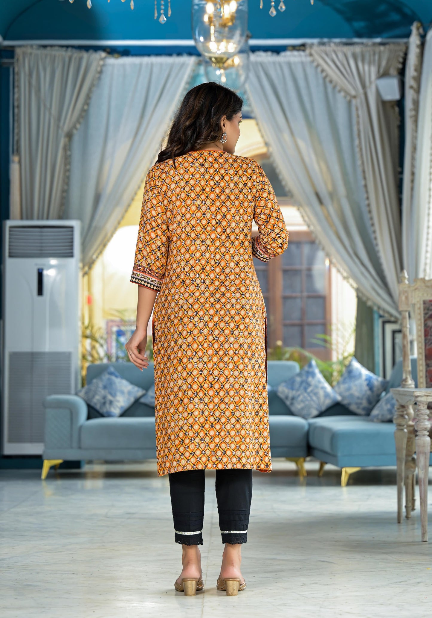 Mustard Ethnic Motif Printed Liva Rayon Kurta With Sequins & Gota Patti Work