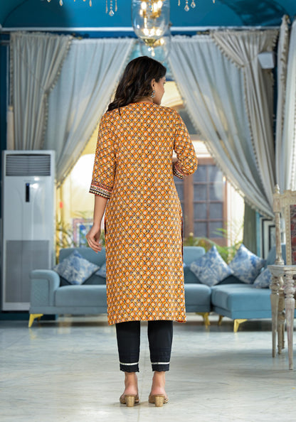 Mustard Ethnic Motif Printed Liva Rayon Kurta With Sequins & Gota Patti Work