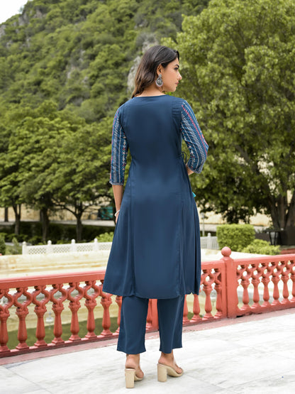 Blue Floral Printed Liva Rayon Kurta Pant & Dupatta Set With Doris At Waist & Thread Work & Tassels