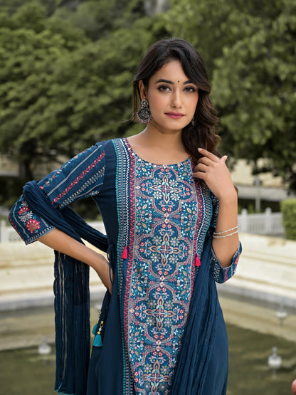 Blue Floral Printed Liva Rayon Kurta Pant & Dupatta Set With Doris At Waist & Thread Work & Tassels