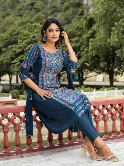 Blue Floral Printed Liva Rayon Kurta Pant & Dupatta Set With Doris At Waist & Thread Work & Tassels