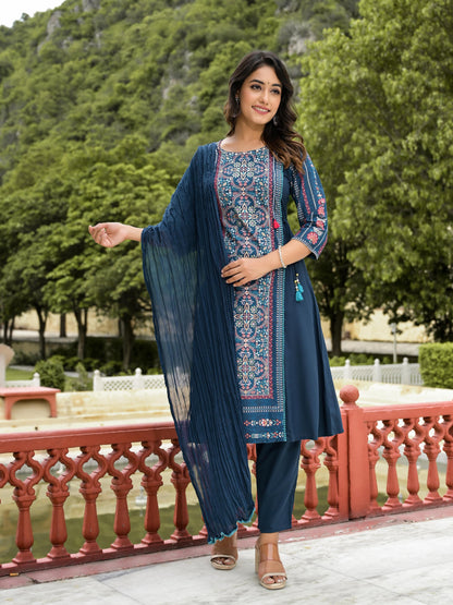 Blue Floral Printed Liva Rayon Kurta Pant & Dupatta Set With Doris At Waist & Thread Work & Tassels