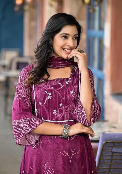 Wine Abstract Printed Liva Rayon A-Lined Kurta Pant And Dupatta Set With Doris At Waist