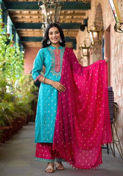 Turquoise Ethnic Motif Printed Liva Rayon Kurta Pant And Dupatta Set With Zari & Mirror Work