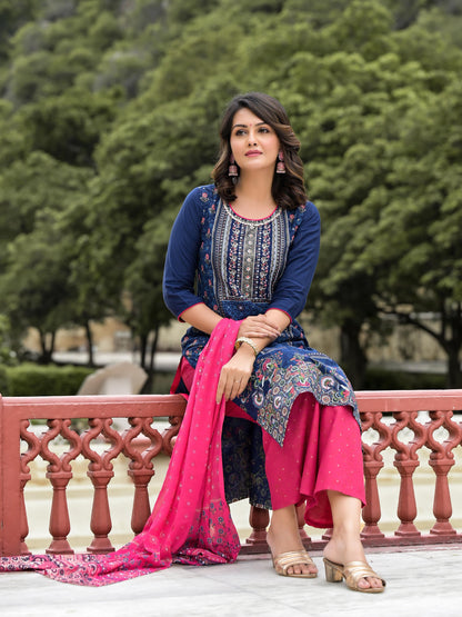 Blue Ethnic Motif Printed Viscose Kurta Pant And Dupatta Set With Sequins Work