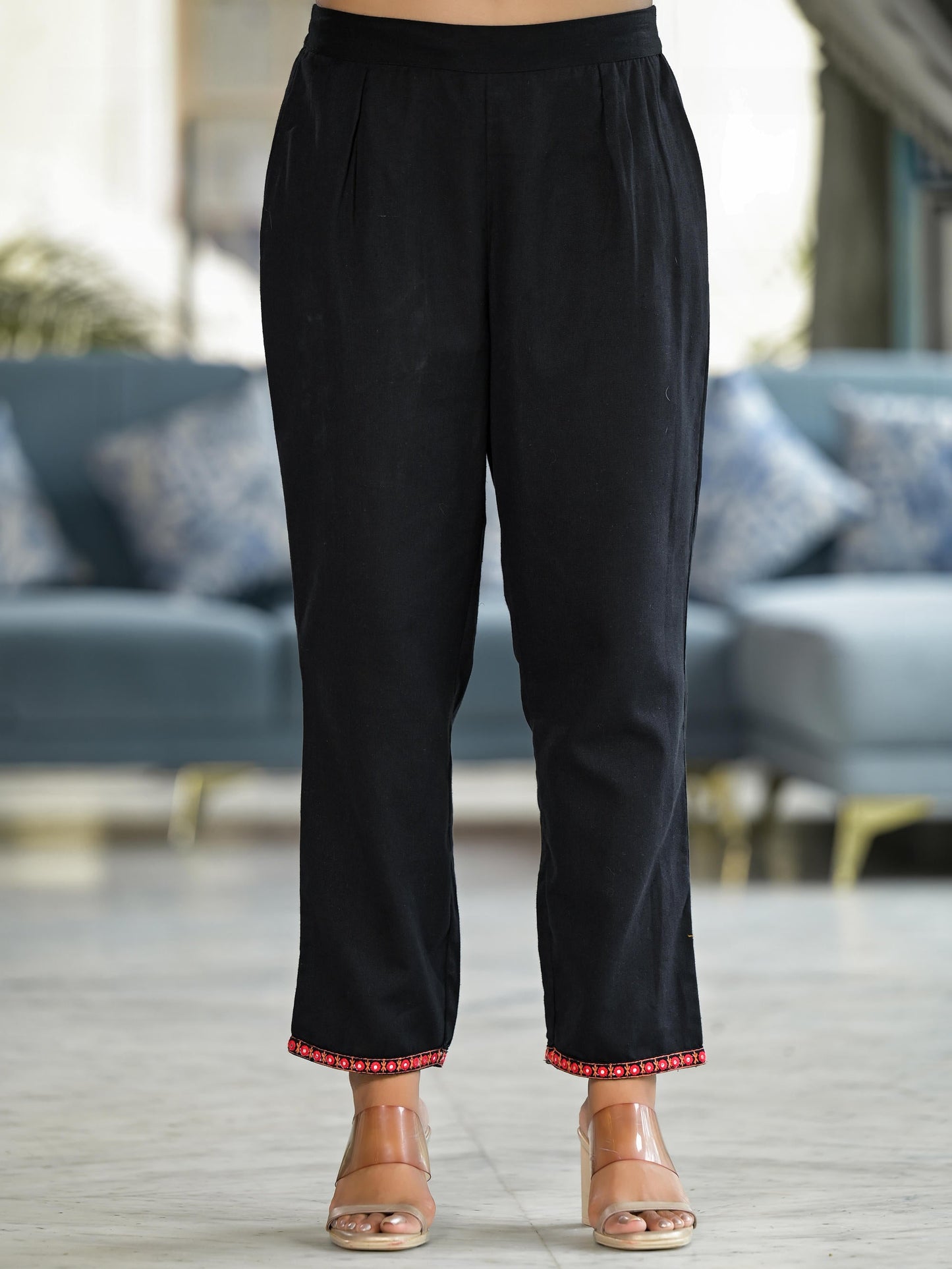 Black Thread Embroidered Liva Rayon Tunic Pant Set With Mirror Work & Buttons