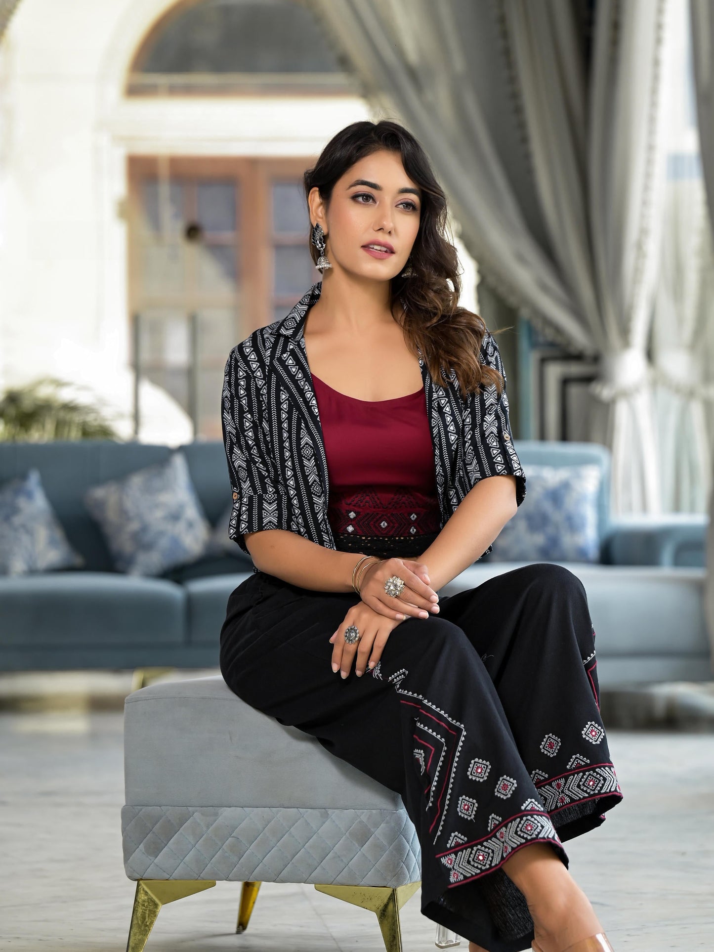 Black Geometric Printed Liva Rayon Shrug With Inner & Palazzo Set With Thread & Mirror Work