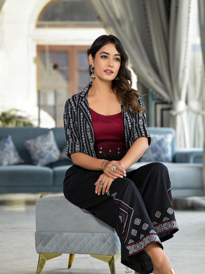 Black Geometric Printed Liva Rayon Shrug With Inner & Palazzo Set With Thread & Mirror Work