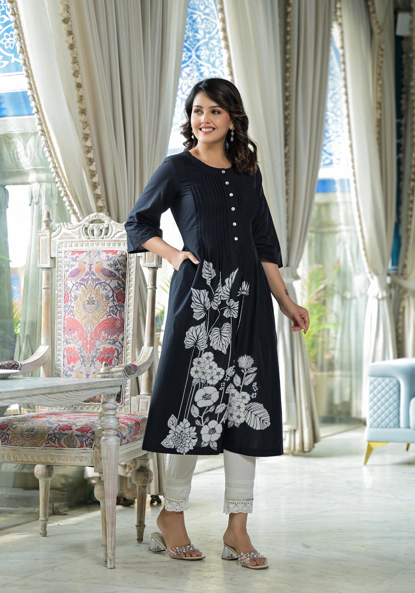 Black Floral Printed Cotton Kurta With Button Detailing