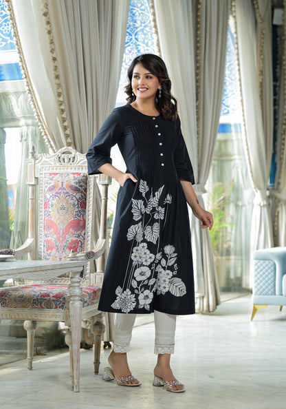 Black Floral Printed Cotton Kurta With Button Detailing