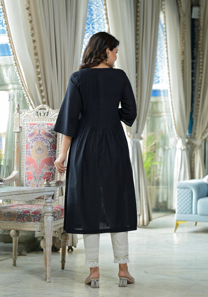 Black Floral Printed Cotton Kurta With Button Detailing