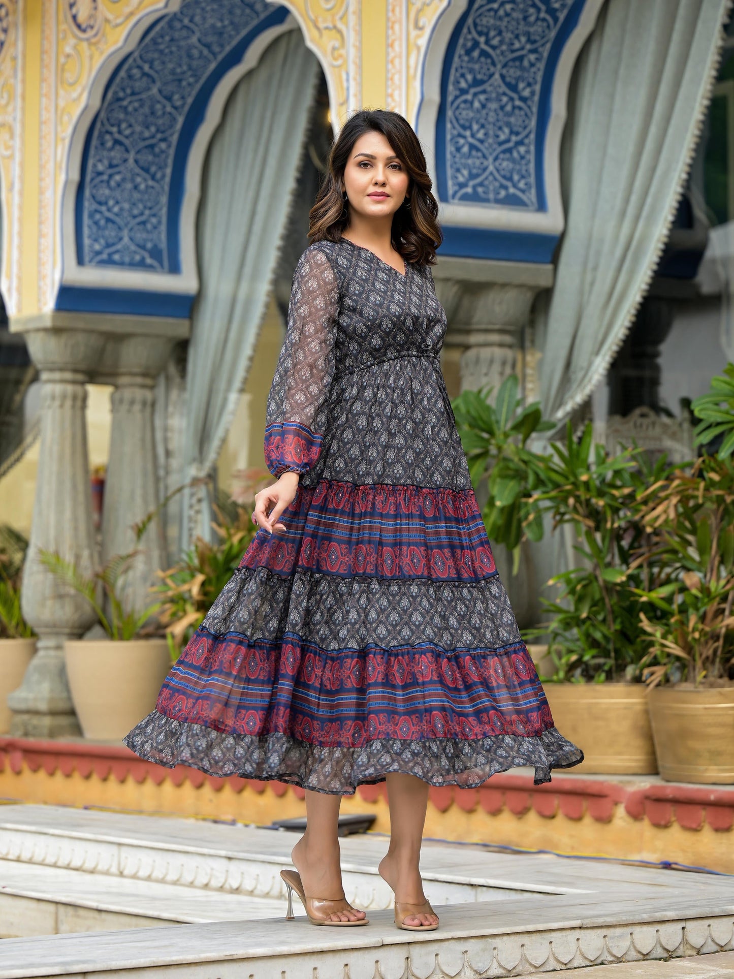 Black Ethnic Motif Printed Chiffon Tiered Maxi Dress With Doris