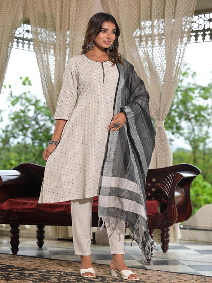 Off White Geometric Printed Cotton Kurta Pant Set With Tassels On Dupatta