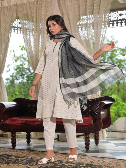 Off White Geometric Printed Cotton Kurta Pant Set With Tassels On Dupatta