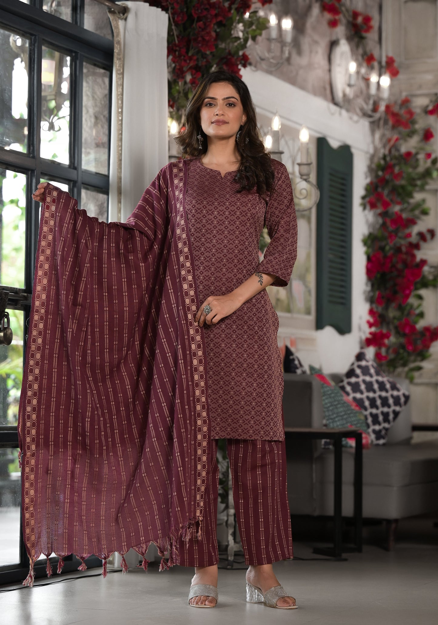 Plum Geometric Printed Cotton Kurta, Pant  With Tassels On Dupatta