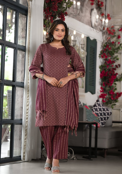 Plum Geometric Printed Cotton Kurta, Pant  With Tassels On Dupatta