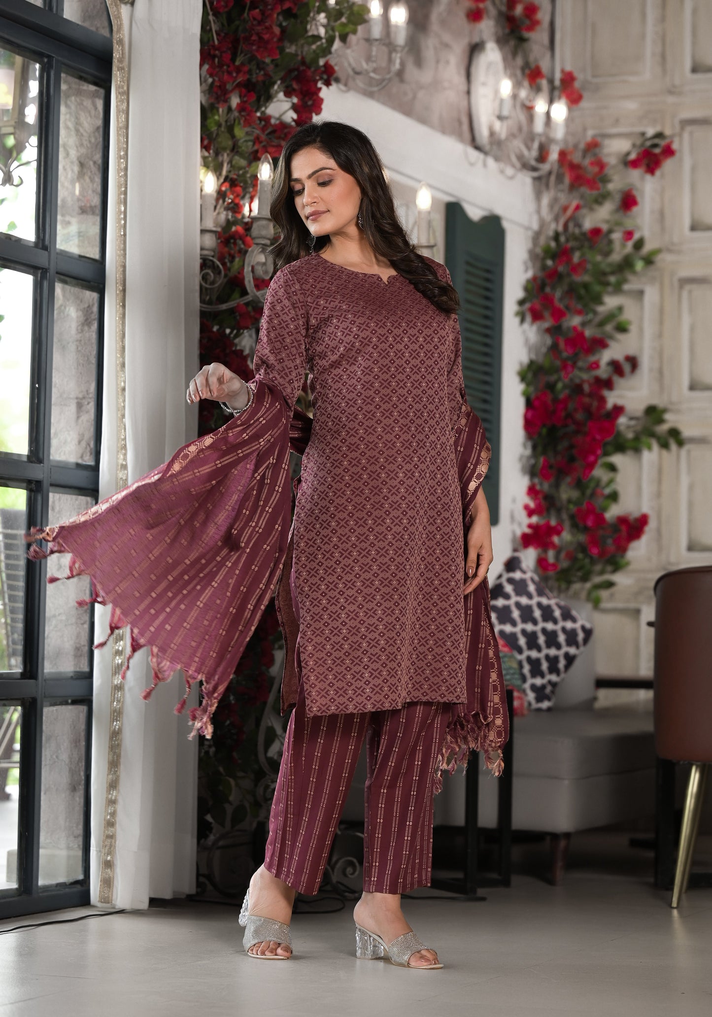 Plum Geometric Printed Cotton Kurta, Pant  With Tassels On Dupatta