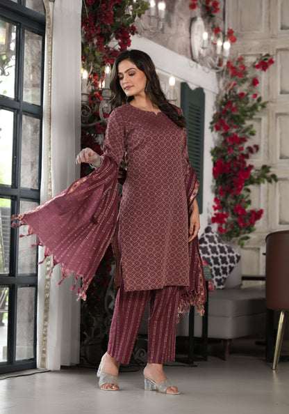 Plum Geometric Printed Cotton Kurta, Pant  With Tassels On Dupatta