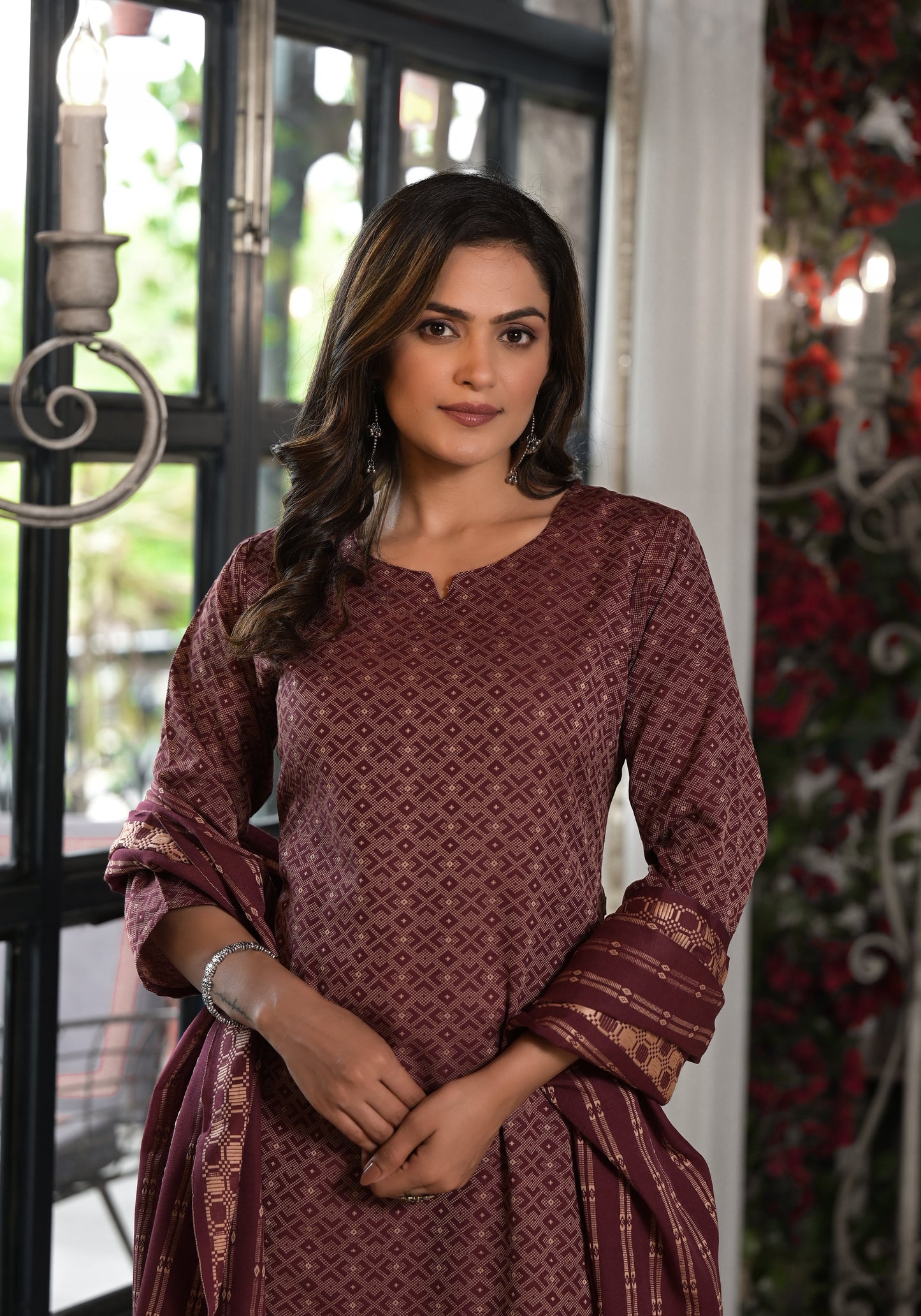 Plum Geometric Printed Cotton Kurta, Pant  With Tassels On Dupatta