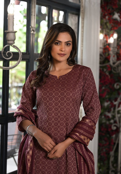 Plum Geometric Printed Cotton Kurta, Pant  With Tassels On Dupatta