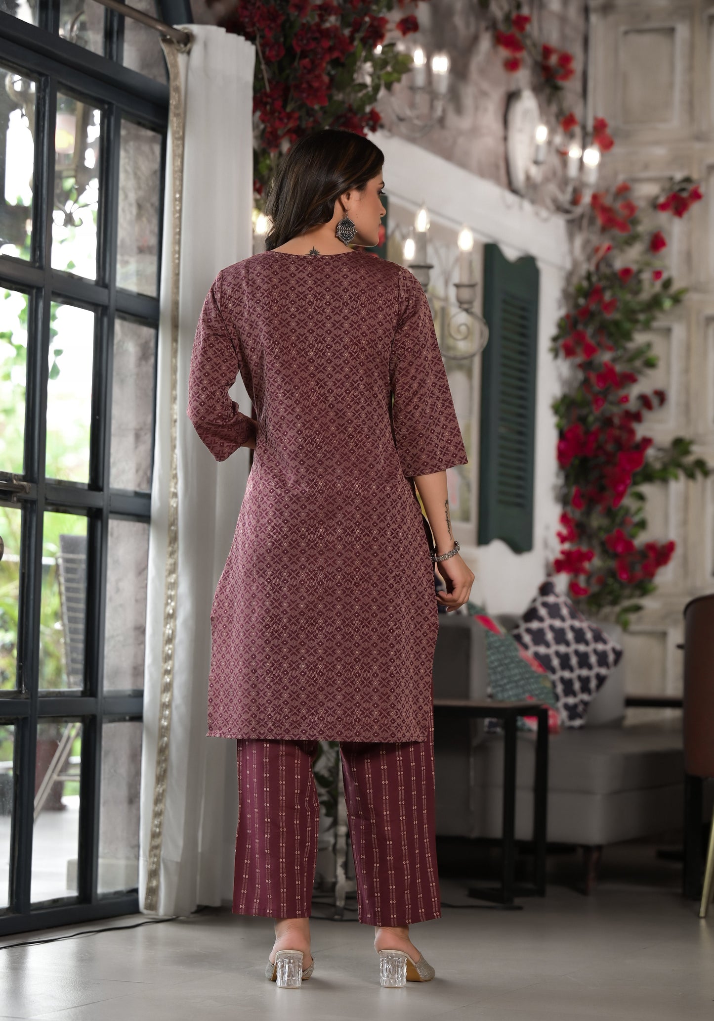 Plum Geometric Printed Cotton Kurta, Pant  With Tassels On Dupatta