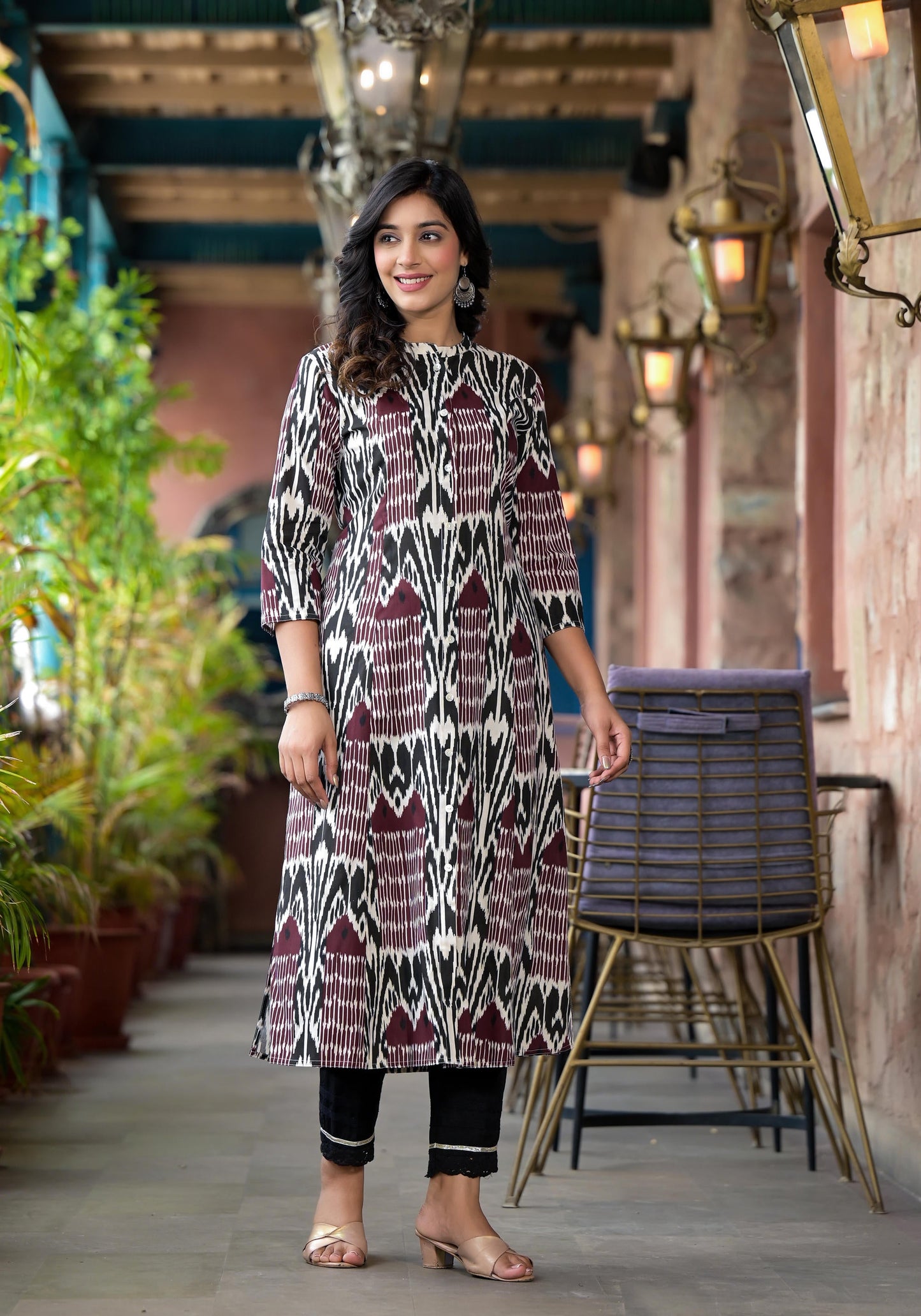 Multi Colour Ikat Printed Liva Rayon Kurta With Button Closure