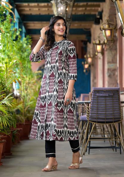 Multi Colour Ikat Printed Liva Rayon Kurta With Button Closure