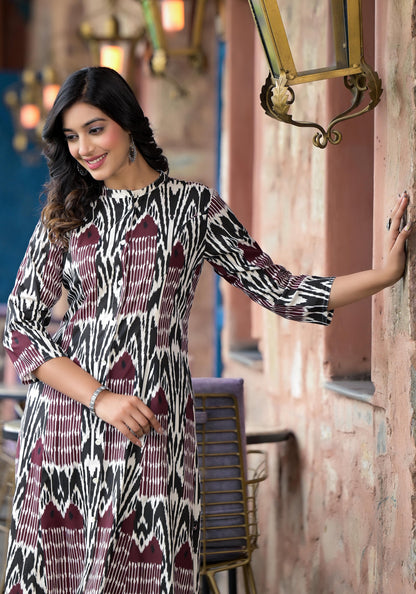 Multi Colour Ikat Printed Liva Rayon Kurta With Button Closure