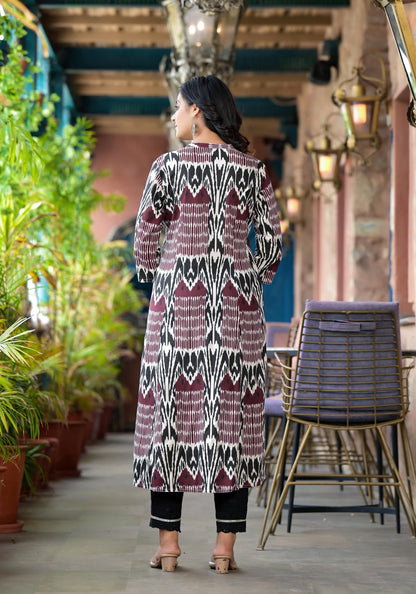 Multi Colour Ikat Printed Liva Rayon Kurta With Button Closure