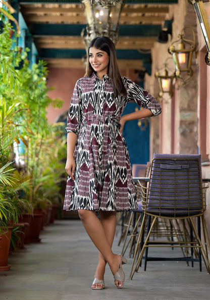 Muti Colour Ikat Printed Liva Rayon Dress With Tie-Ups & Button Closure