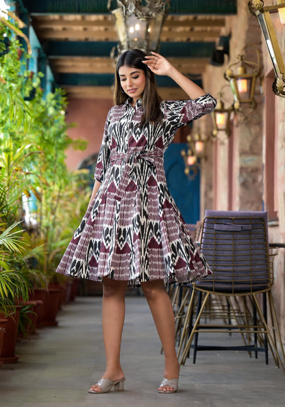 Muti Colour Ikat Printed Liva Rayon Dress With Tie-Ups & Button Closure