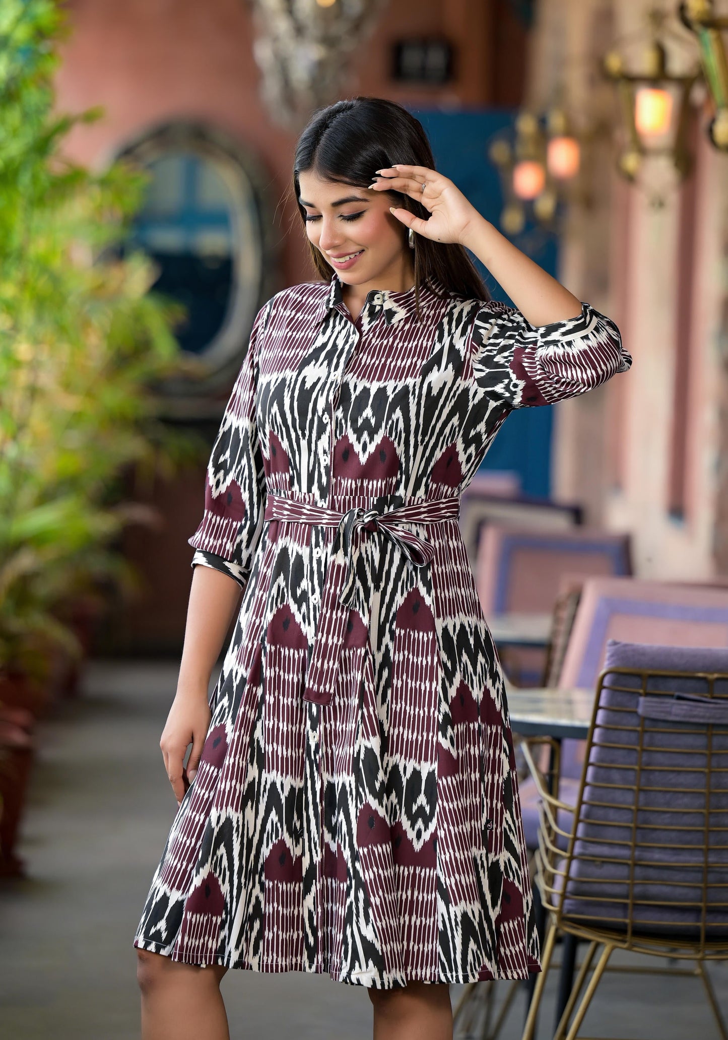 Muti Colour Ikat Printed Liva Rayon Dress With Tie-Ups & Button Closure